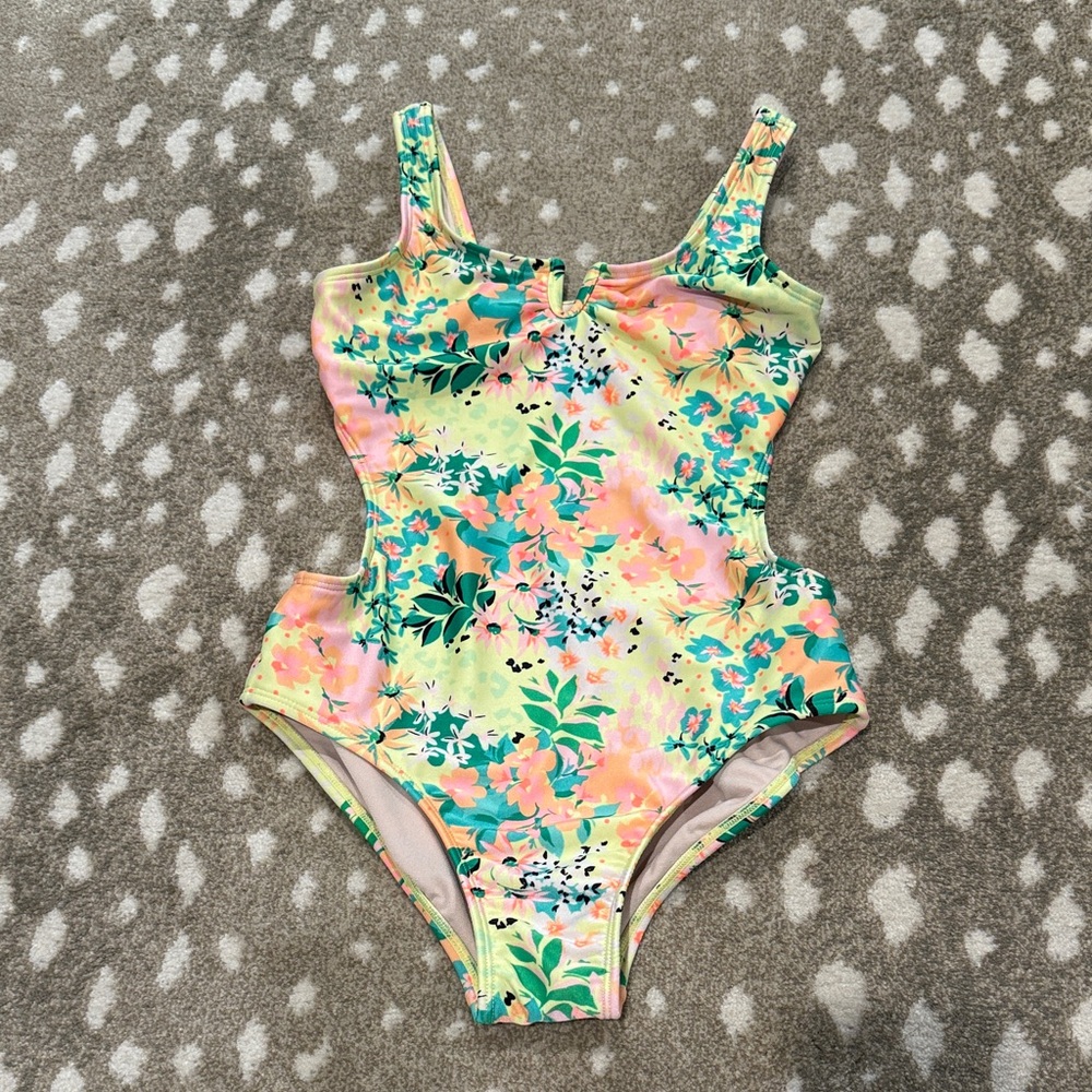 Kids Art Class Floral One-Piece Swimsuit in Pastel Yellow and Pink. Size L